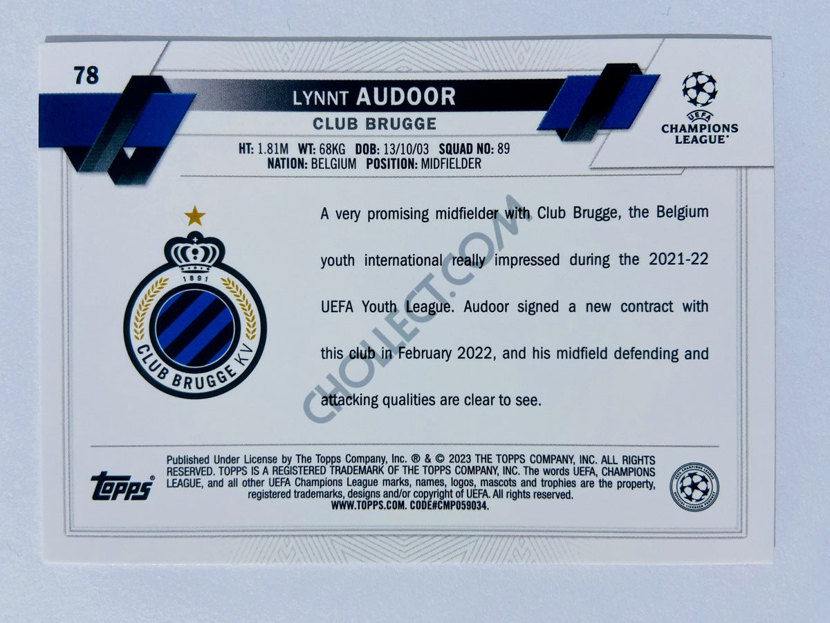 Lynnt Audoor - Club Brugge 2022-23 Topps UEFA Club Competitions Inferno Foil Parallel RC Rookie #78