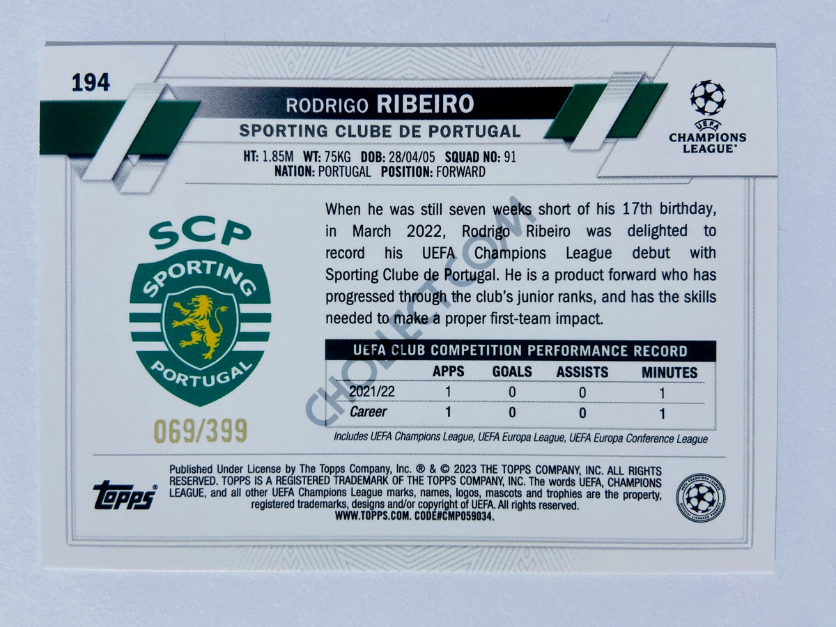 Rodrigo Ribeiro - Sporting Clube de Portugal 2022-23 Topps UEFA Club Competitions #194 Icy Aqua Foil Parallel RC Rookie #069/399