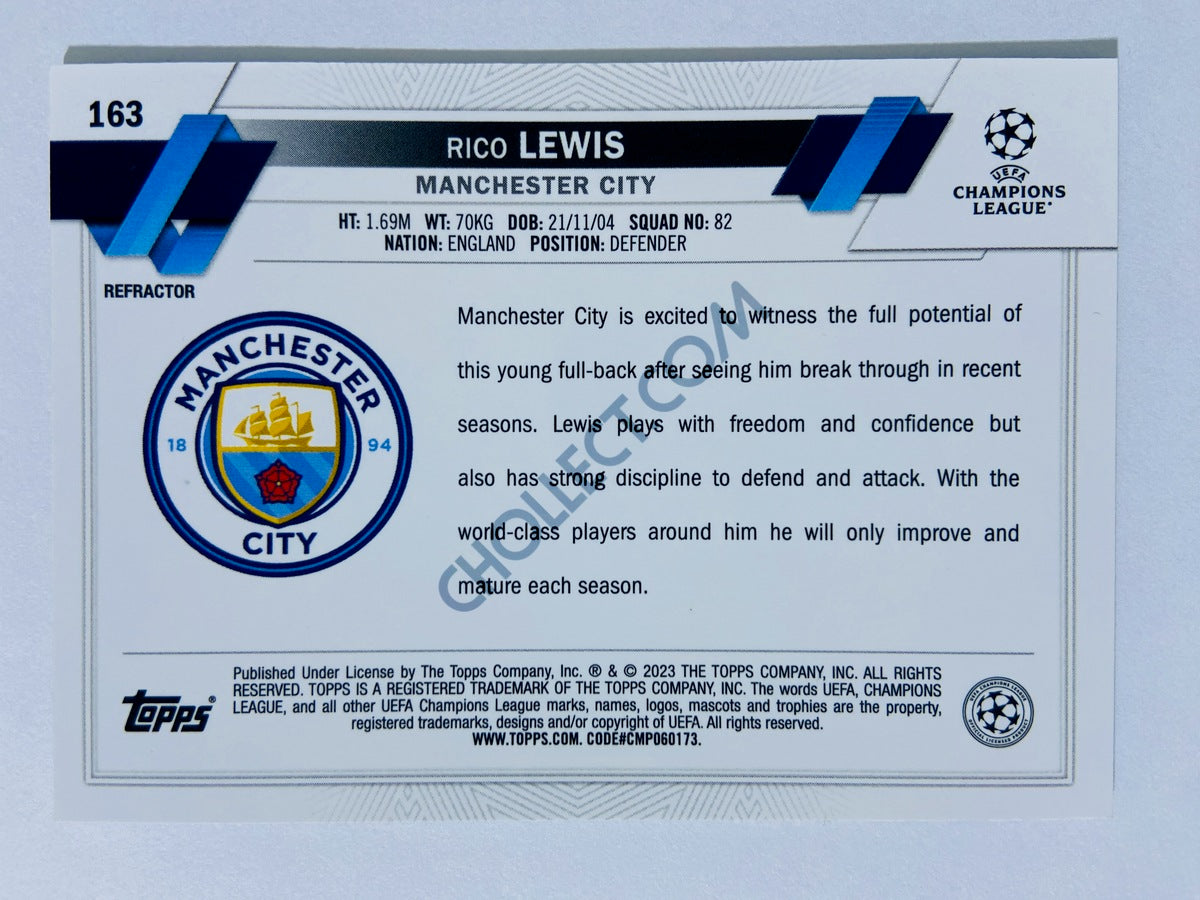 Rico Lewis - Manchester City 2022-23 Topps Chrome UEFA Club Competitions Refractor RC Rookie #163