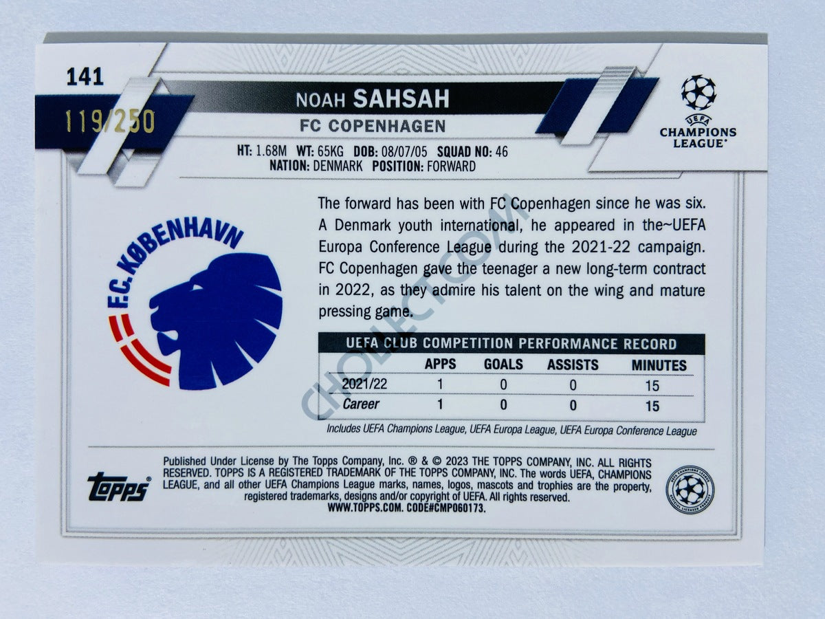 Noah Sahsah - FC Copenhagen 2022-23 Topps Chrome UEFA Club Competitions RC Rookie #141 Pink X-Fractor /250