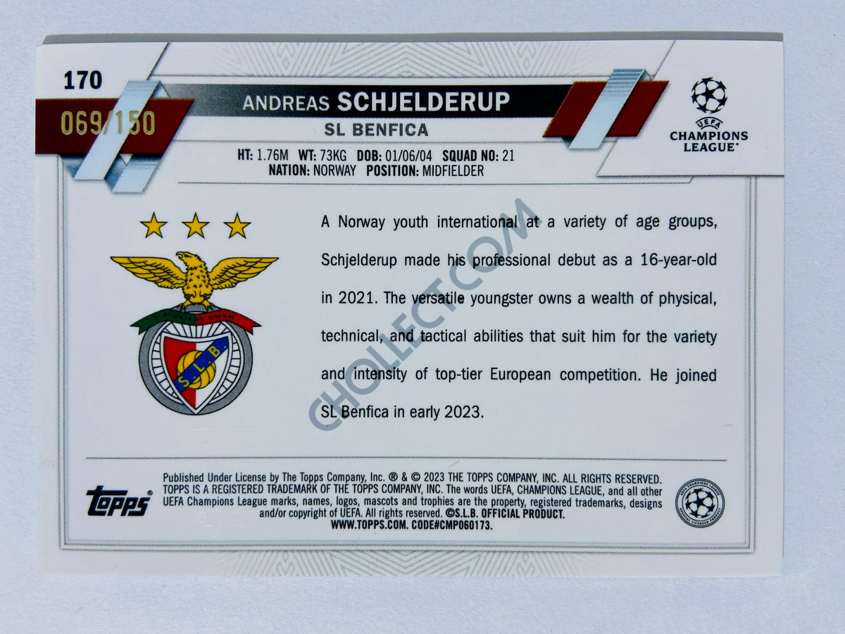 Andreas Schjelderup - SL Benfica 2022-23 Topps Chrome UEFA Club Competitions RC Rookie #170 Blue Parallel /150