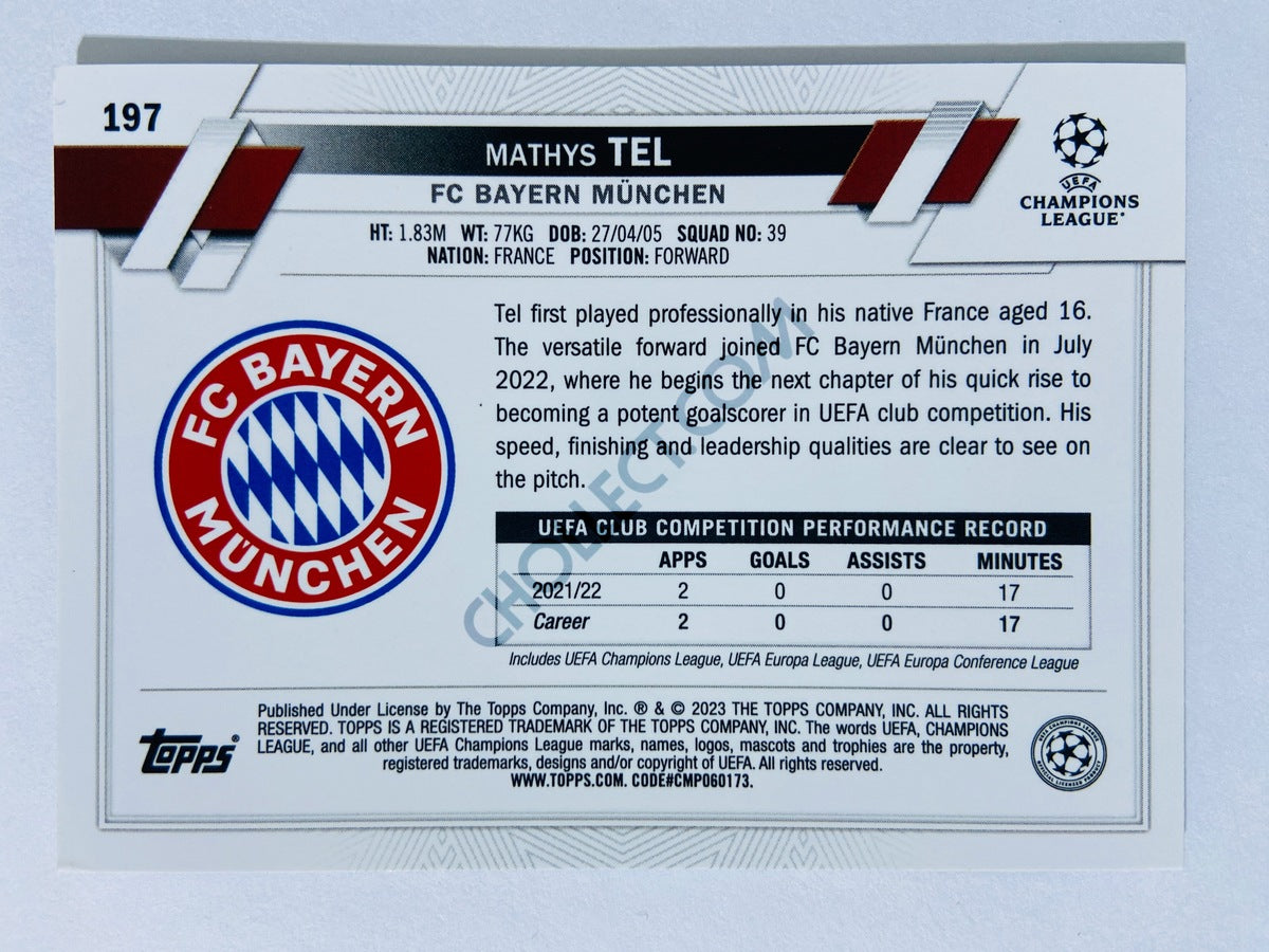 Mathys Tel - FC Bayern München 2022-23 Topps Chrome UEFA Club Competitions Future Stars Black & White Ray Wave #197