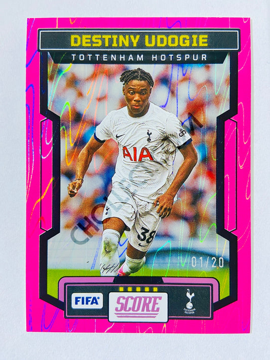 Destiny Udogie – Tottenham Hotspur 2023-24 Panini Score FIFA #196 Pink Swirl Parallel 01/20