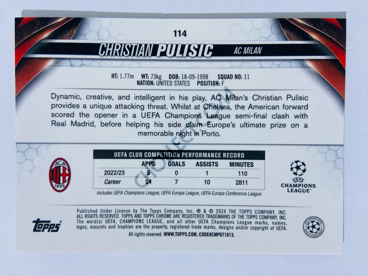 Christian Pulisic - AC Milan 2023-24 Topps Chrome UEFA Club Competitions #114