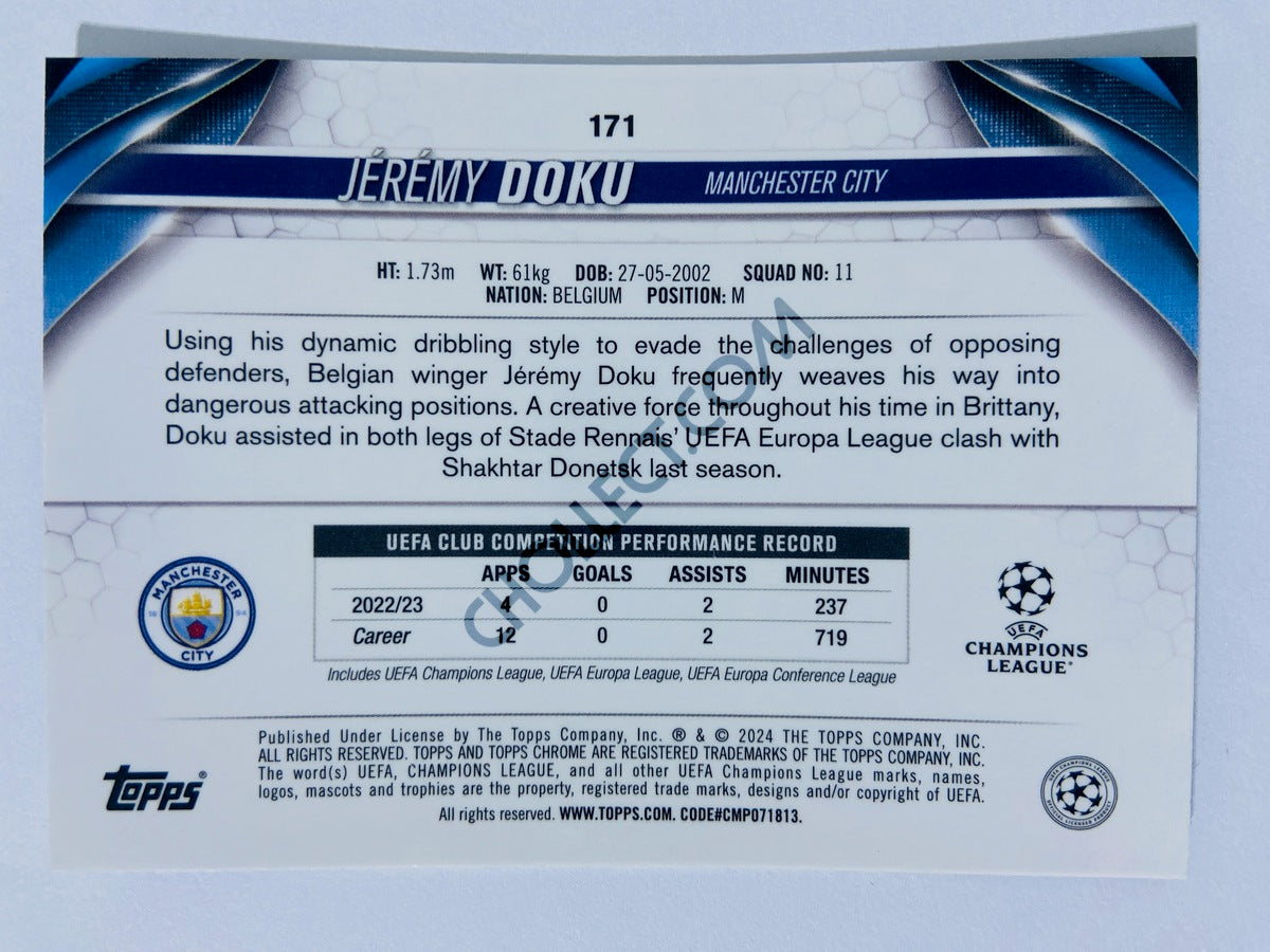 Jeremy Doku - Manchester City 2023-24 Topps Chrome UEFA Club Competitions #171