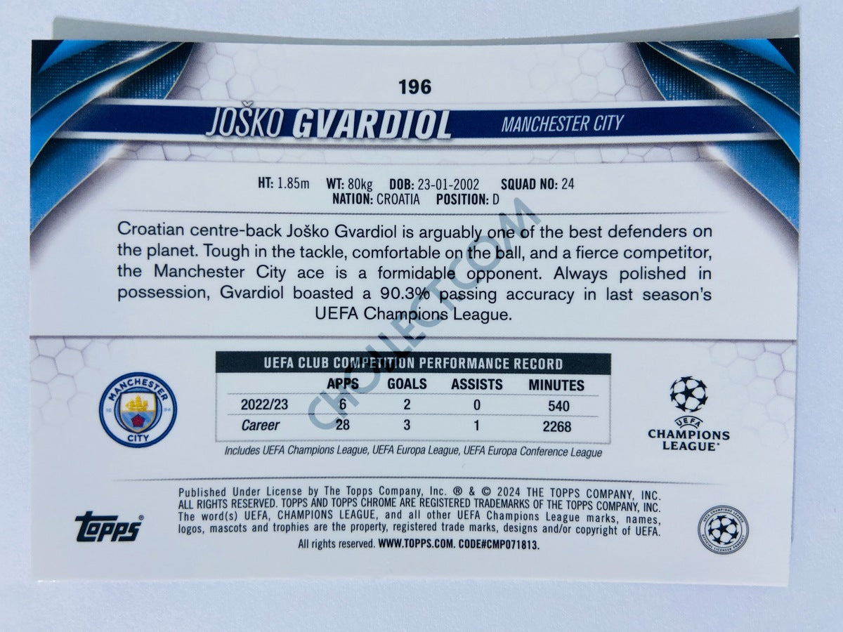 Josko Gvardiol - Manchester City 2023-24 Topps Chrome UEFA Club Competitions #196