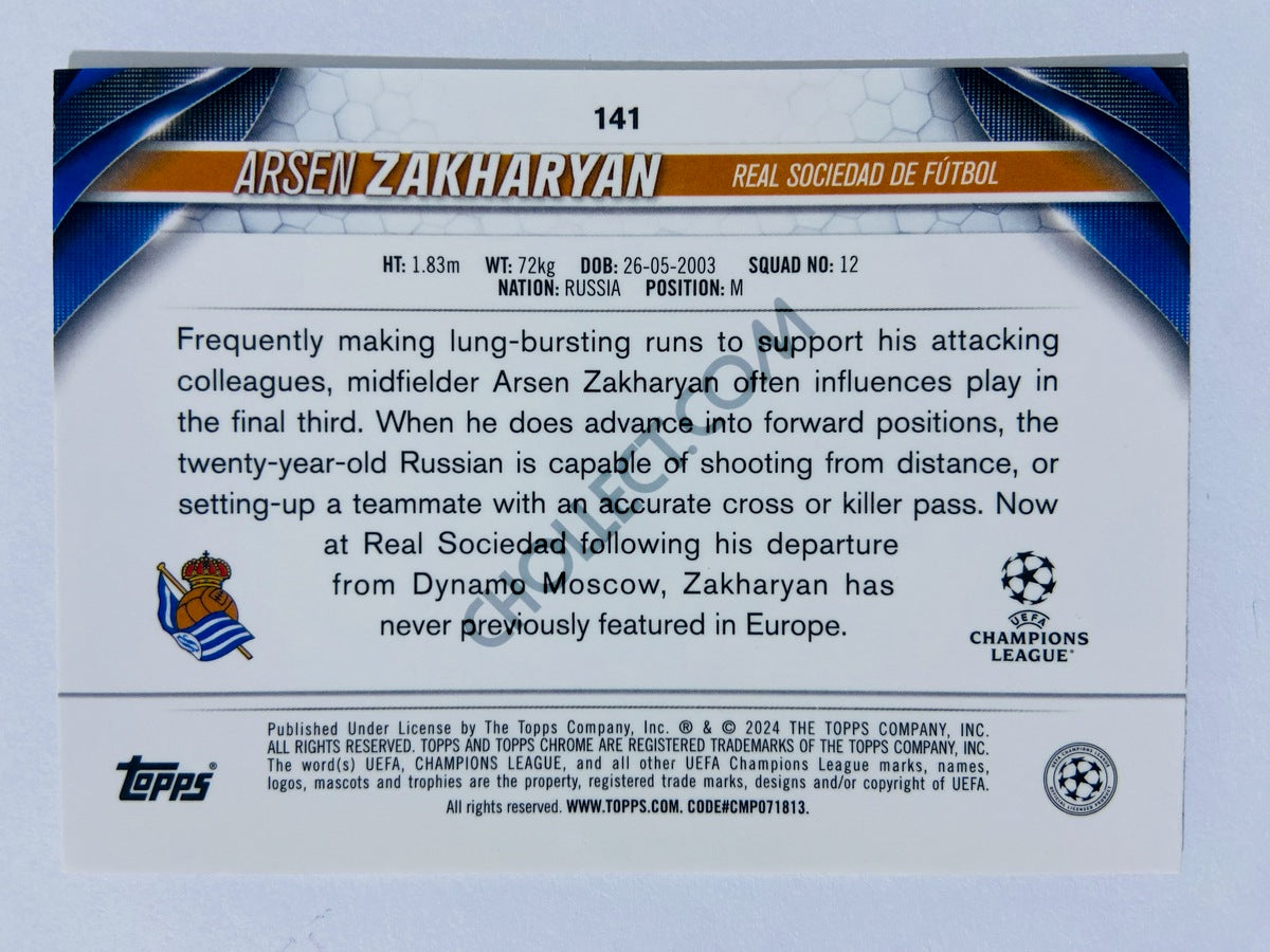 Arsen Zakharyan – Real Sociedad de Fútbol 2023-24 Topps Chrome UEFA Club Competitions RC Rookie #141