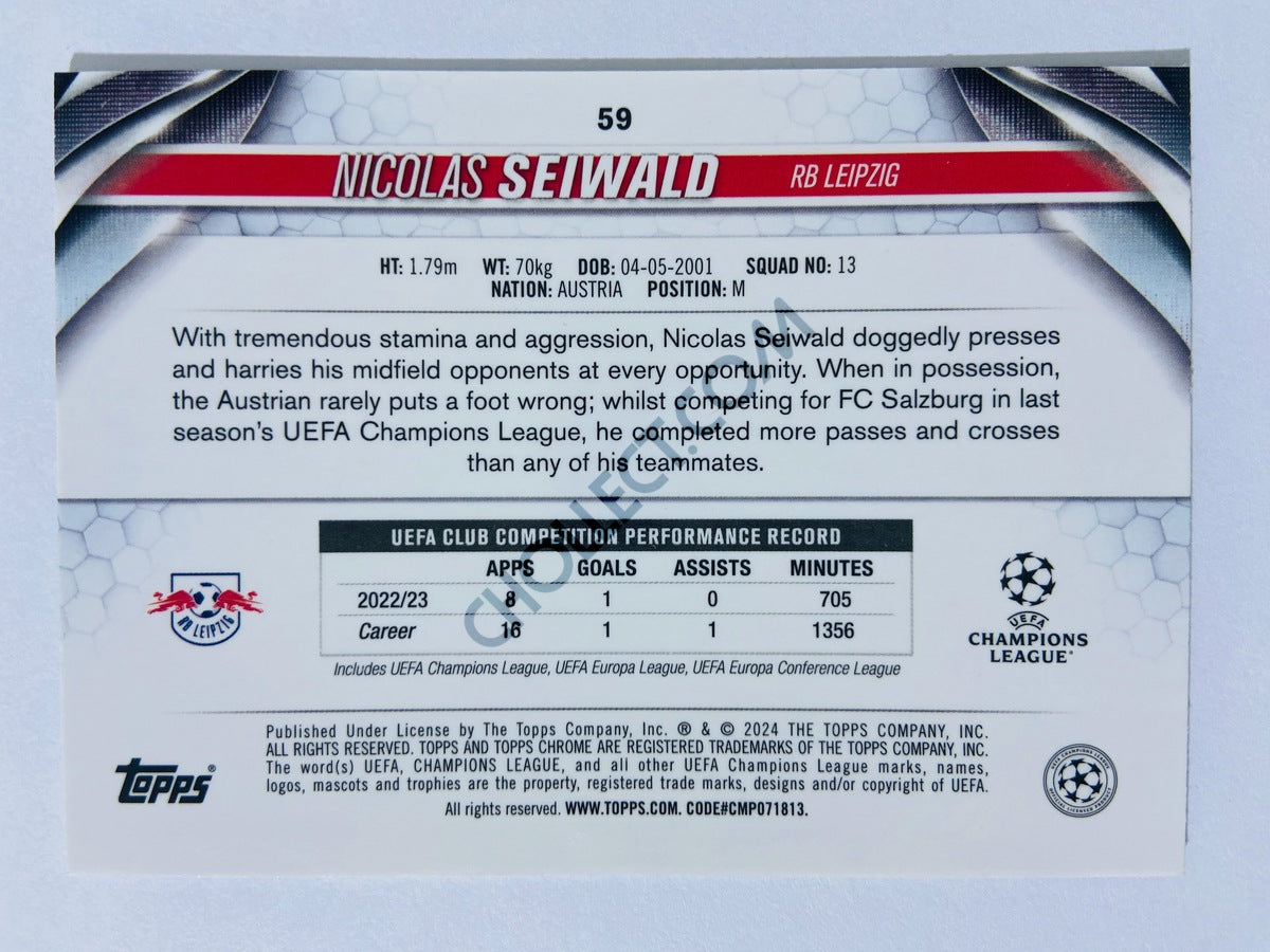 Nicolas Seiwald - RB Leipzig 2023-24 Topps Chrome UEFA Club Competitions Aqua Prism Parallel #59