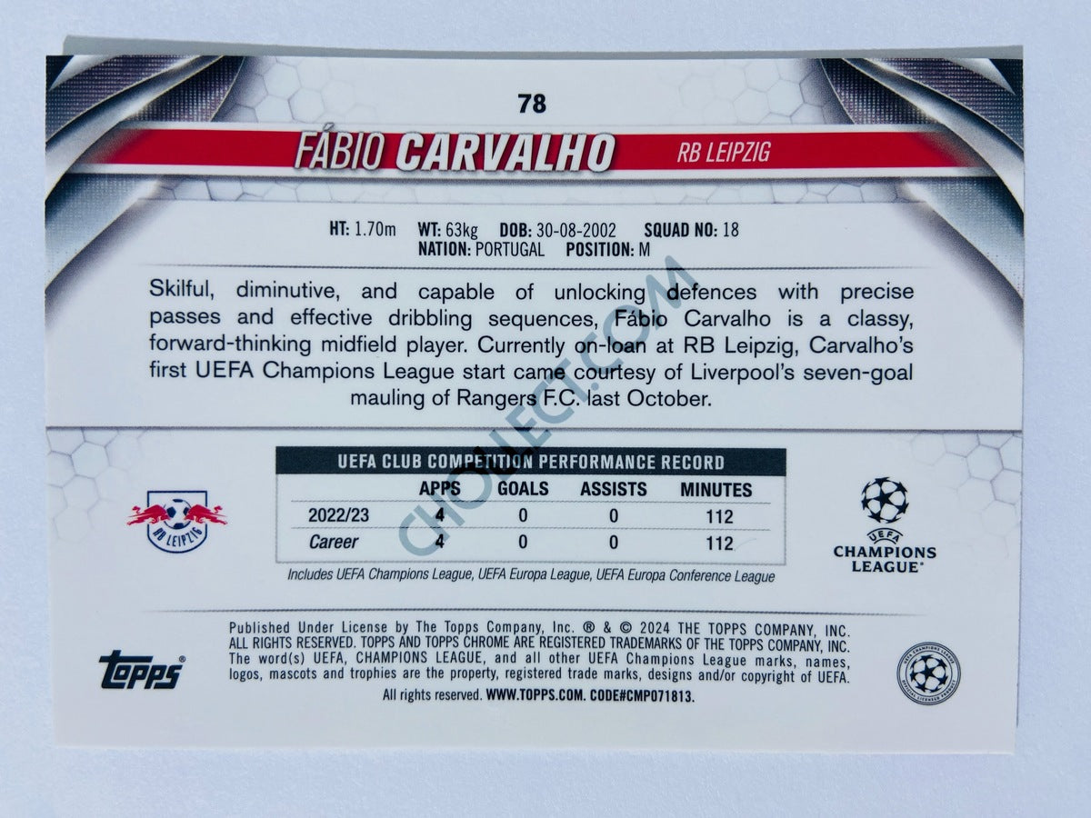 Fabio Carvalho - RB Leipzig 2023-24 Topps Chrome UEFA Club Competitions Aqua Prism Parallel #78