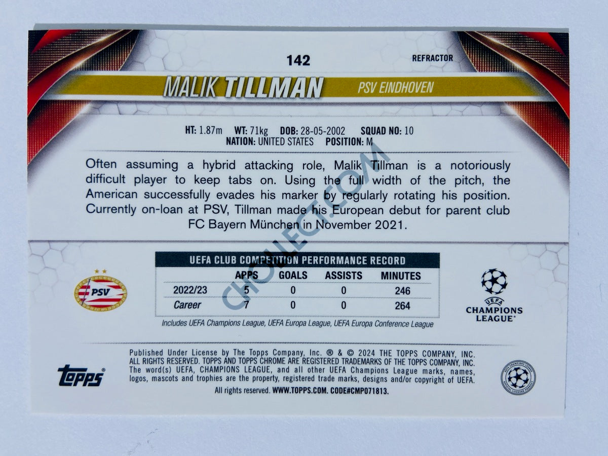 Malik Tillman - PSV Eindhoven 2023-24 Topps Chrome UEFA Club Competitions Refractor #142