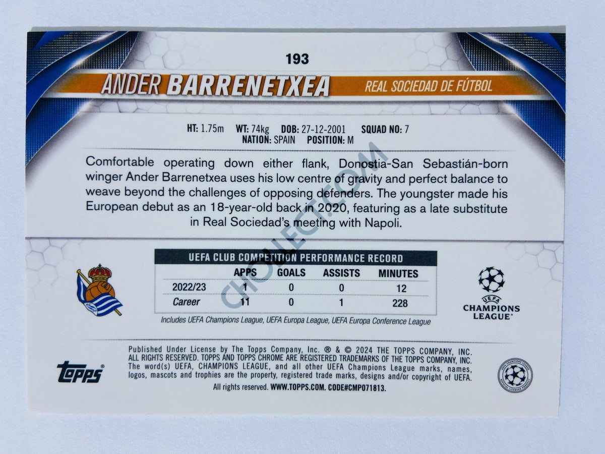 Ander Barrenetxea - Real Sociedad de Fútbol 2023-24 Topps Chrome UEFA Club Competitions Aqua Prism Parallel #193