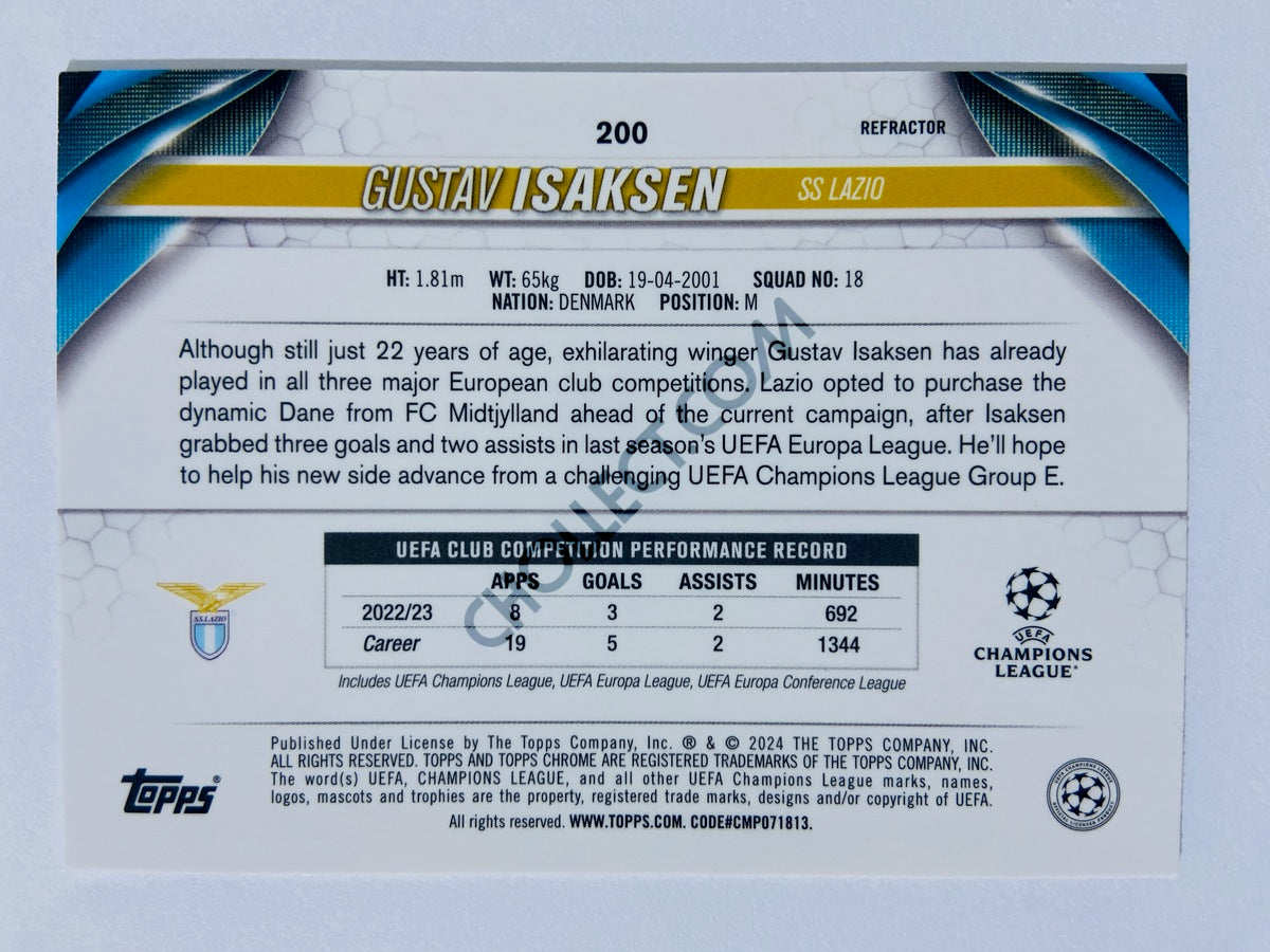 Gustav Isaksen - SS Lazio 2023-24 Topps Chrome UEFA Club Competitions RC Rookie Refractor #200