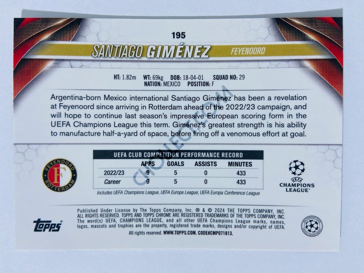 Santiago Gimenez – Feyenoord 2023-24 Topps Chrome UEFA Club Competitions Future Stars #195