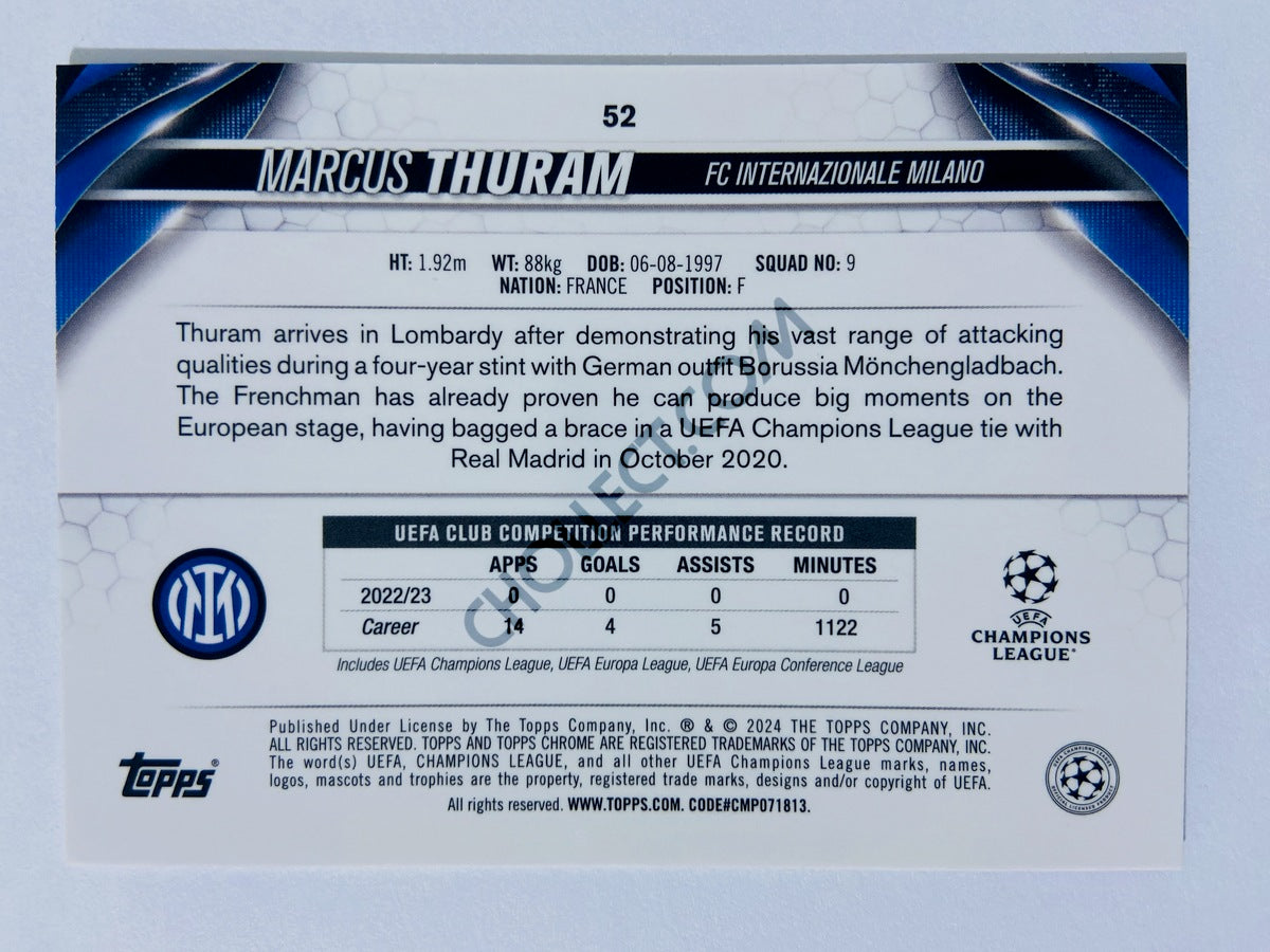 Marcus Thuram - FC Internazionale Milano 2023-24 Topps Chrome UEFA Club Competitions Aqua Prism Parallel #52