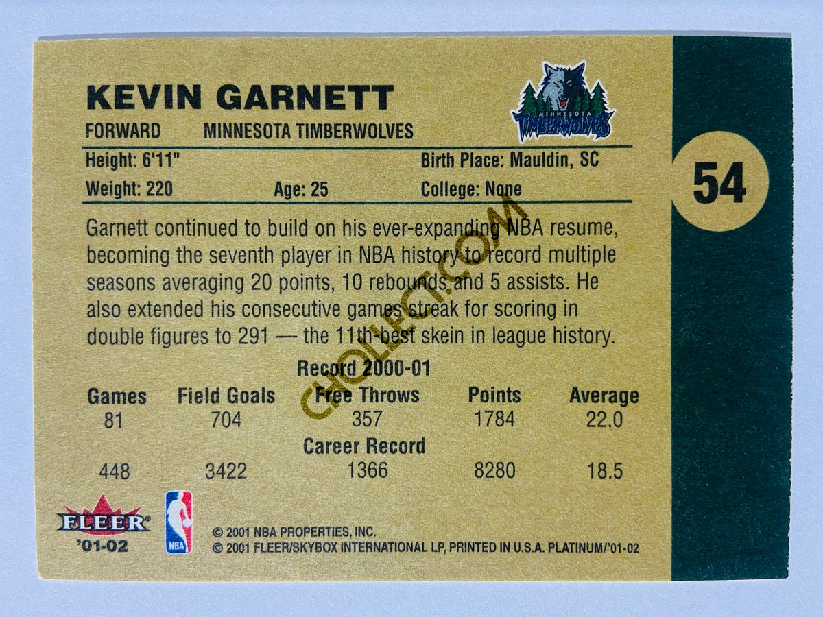 Kevin Garnett - Minnesota Timberwolves 2001 Fleer Platinum #54