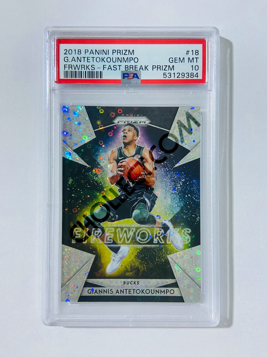 Giannis Antetokounmpo – Milwaukee Bucks 2018-19 Panini Prizm Fireworks Fast Break Prizm Parallel #18 [PSA 10] SN: 53129384