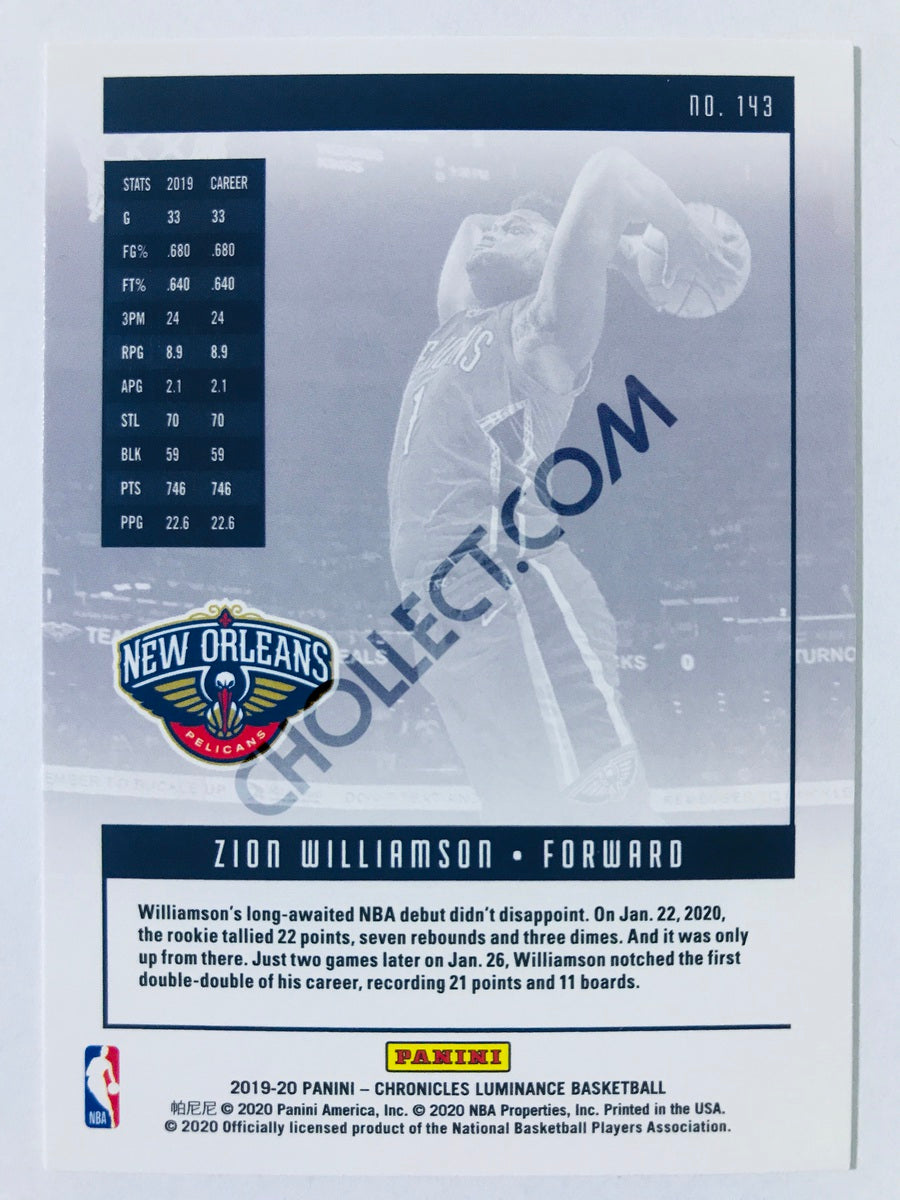 Zion Williamson - New Orleans Pelicans 2019-20 Panini Chronicles Luminance RC Rookie #143