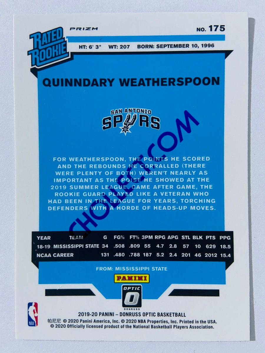 Quinndary Weatherspoon - San Antonio Spurs 2019-20 Panini Donruss Optic Rated Rookie Purple Shock #175