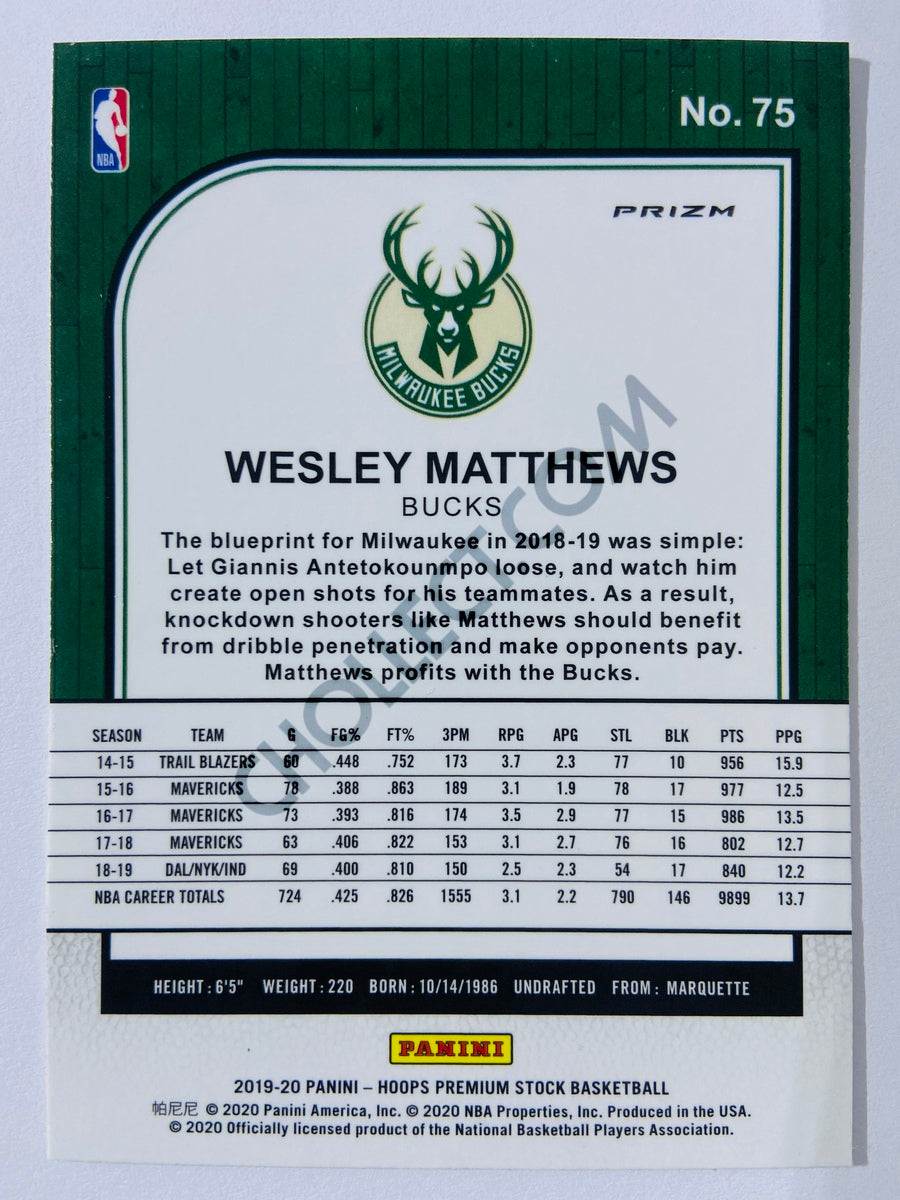 Wesley Matthews - Milwaukee Bucks 2019-20 Panini Hoops Premium Stock Laser Silver Parallel #75