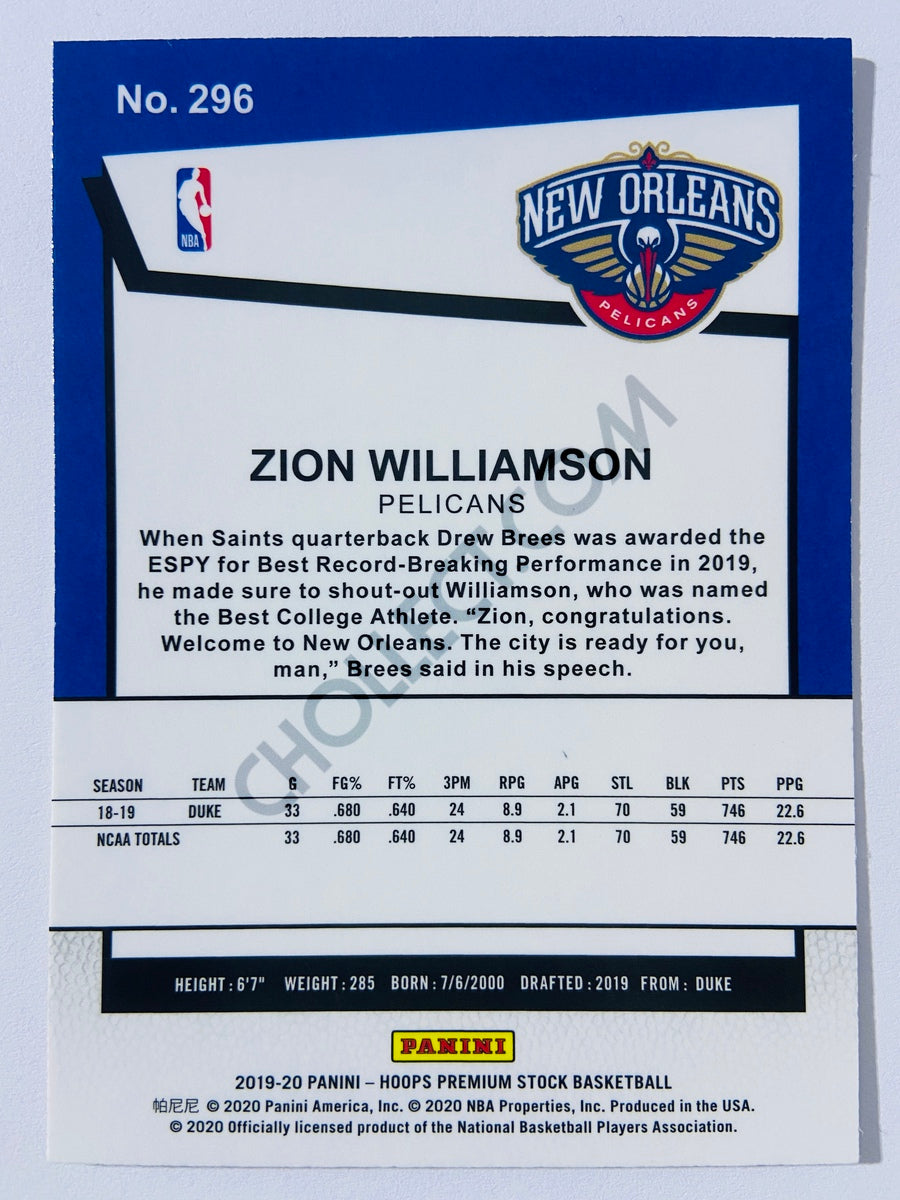 Zion Williamson - New Orleans Pelicans 2019-20 Panini Hoops Premium Stock Tribute RC Rookie #296