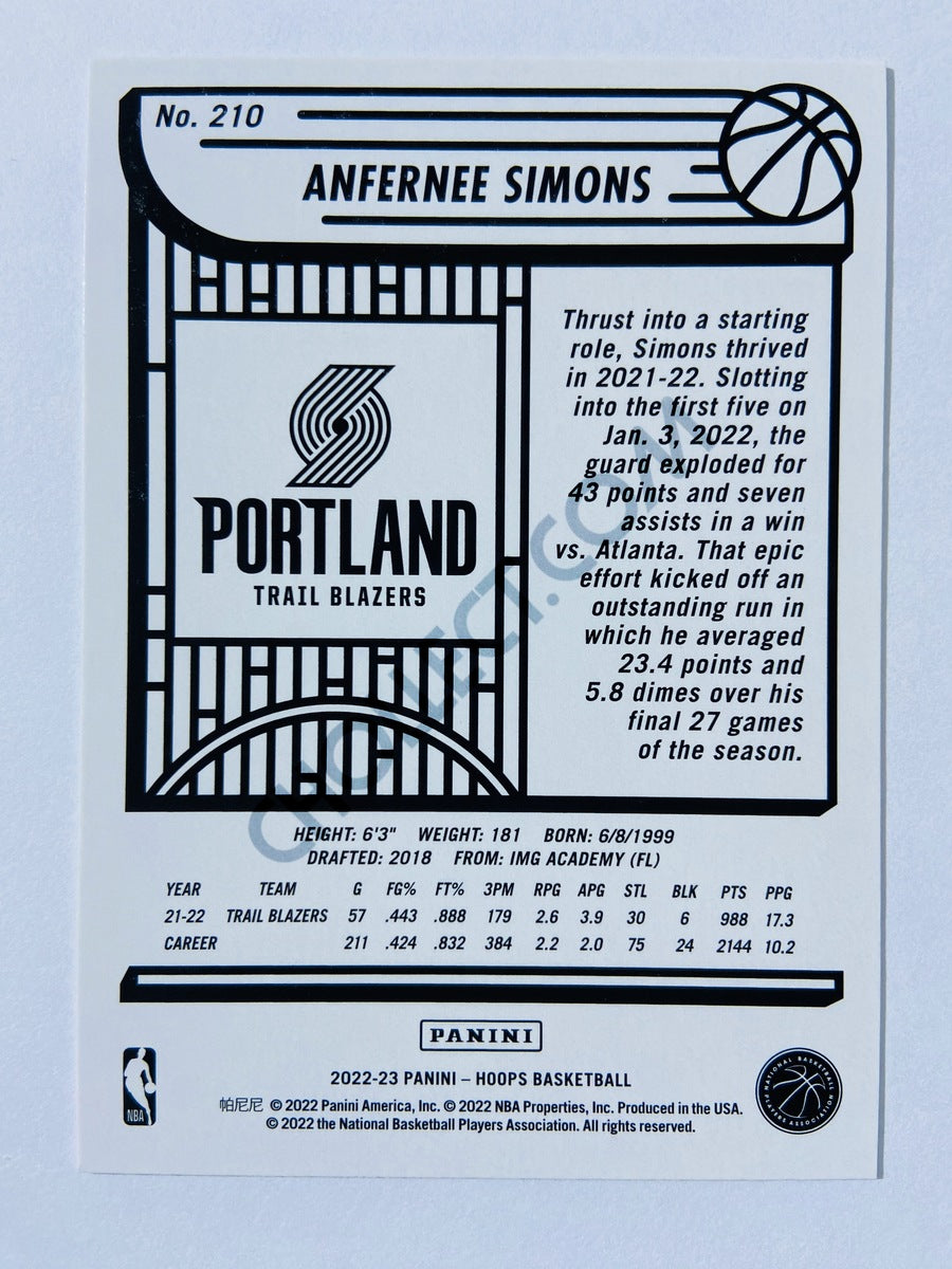 Anfernee Simons - Portland Trail Blazers 2022-23 Panini Hoops #210