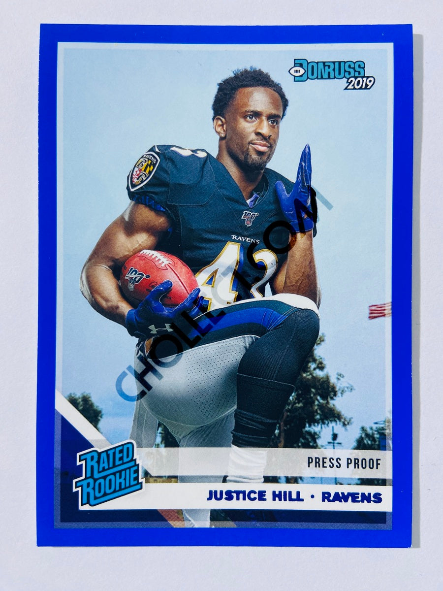 Justice Hill – Baltimore Ravens 2019-20 Panini Donruss Rated Rookie Blue Press Proof Parallel #333