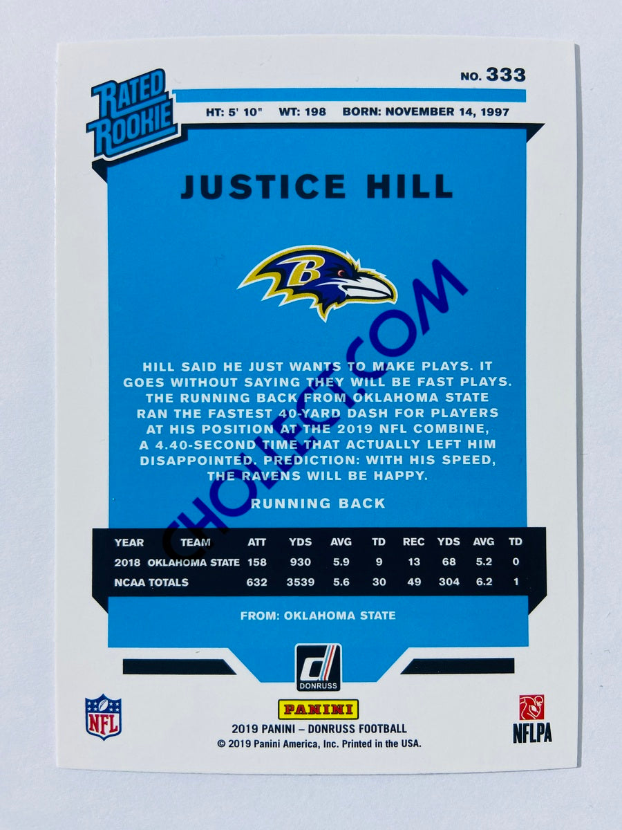 Justice Hill – Baltimore Ravens 2019-20 Panini Donruss Rated Rookie Blue Press Proof Parallel #333