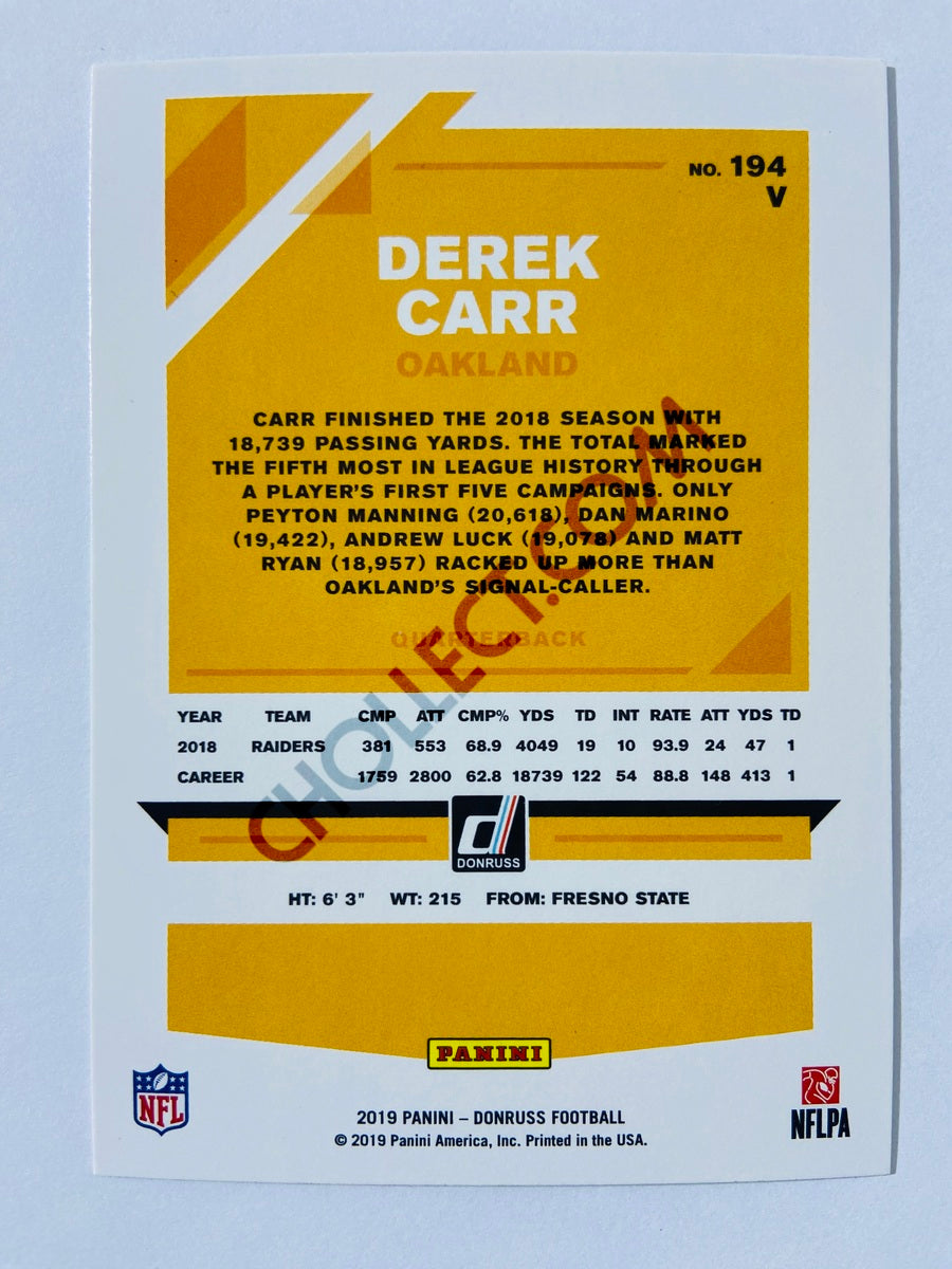 Derek Carr – Oakland Raiders 2019-20 Panini Donruss Blue Press Proof Parallel Variation #194