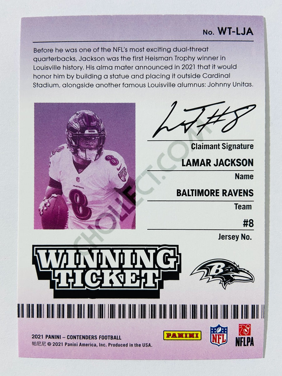 Lamar Jackson – Baltimore Ravens 2021 Panini Contenders Winning Ticket #WT-LJA