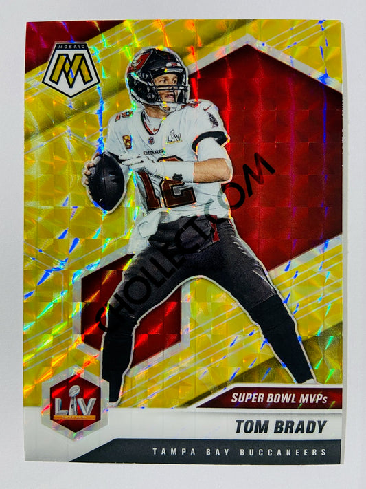 Tom Brady – Tampa Bay Buccaneers 2021 Panini Mosaic Super Bowl MVPs Reactive Yellow Prizm Parallel #285