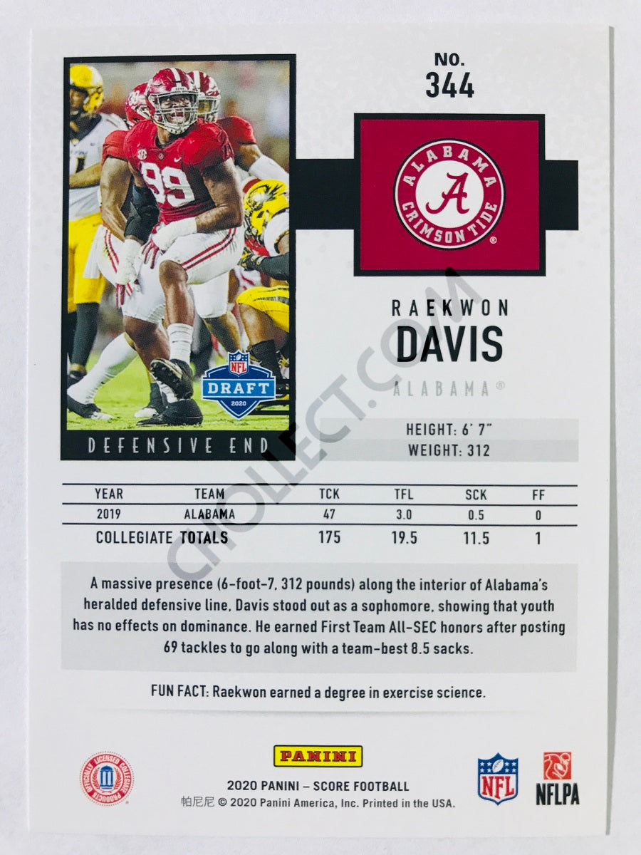 Raekwon Davis - Alabama Crimson Tide 2020 Panini Score RC Rookie #344