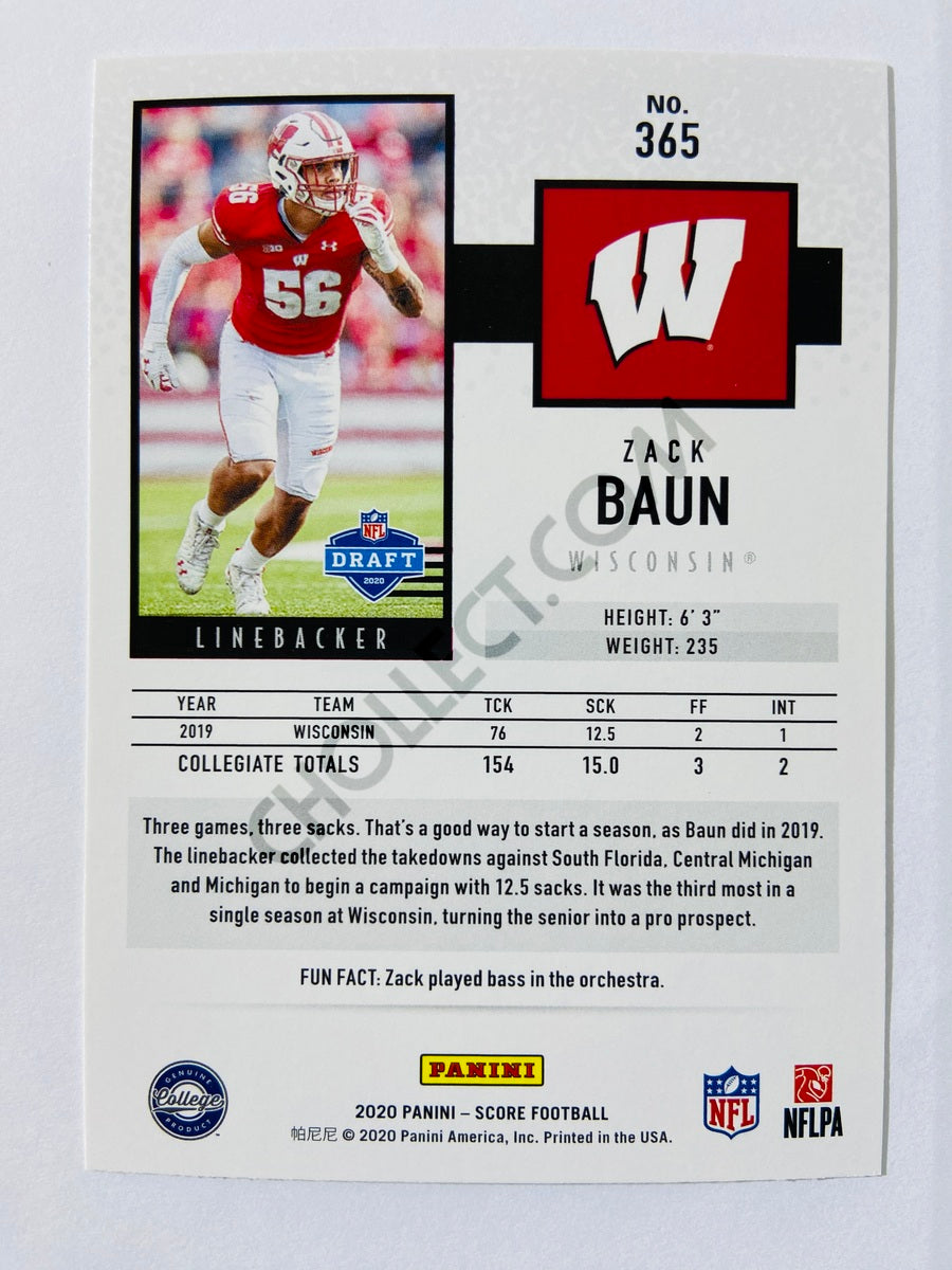 Zack Baun - Wisconsin Badgers 2020 Panini Score RC Rookie #365