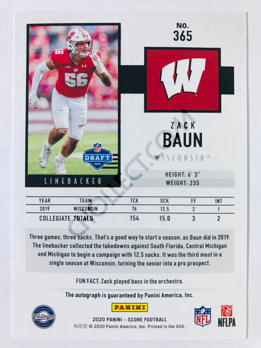 Zack Baun - Wisconsin Badgers 2020 Panini Score Rookies Signatures #365