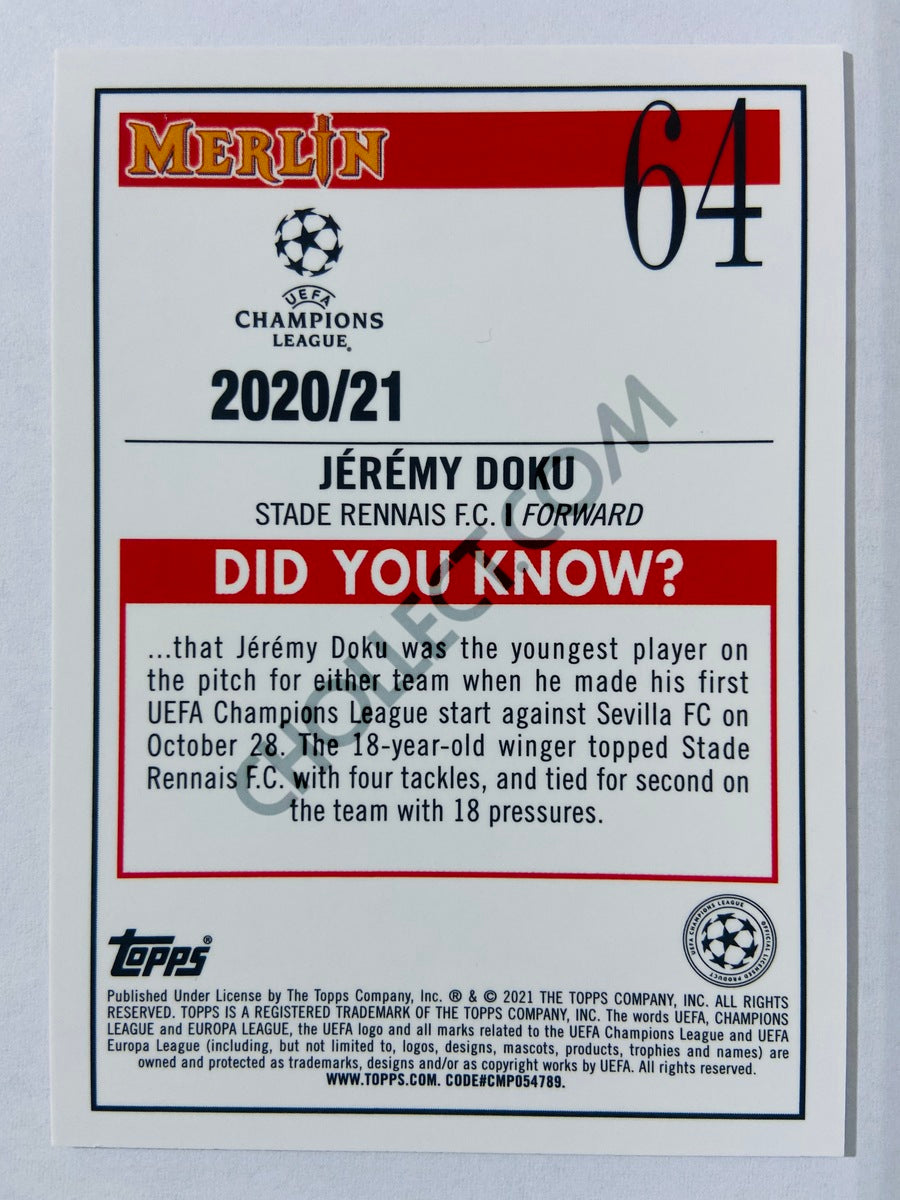 Jeremy Doku - Stade Rennais FC 2020-21 Topps UEFA Champions League Merlin RC Rookie #64