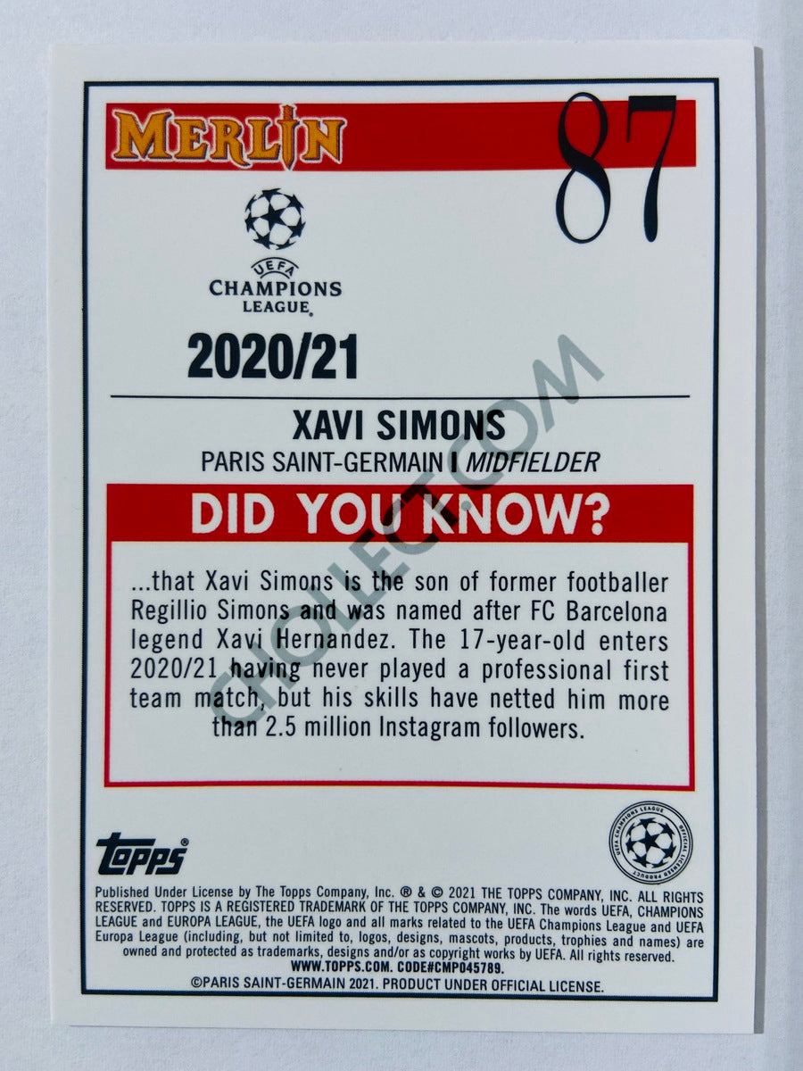 Xavi Simons - Paris Saint-Germain 2020-21 Topps UEFA Champions League Merlin RC Rookie #87