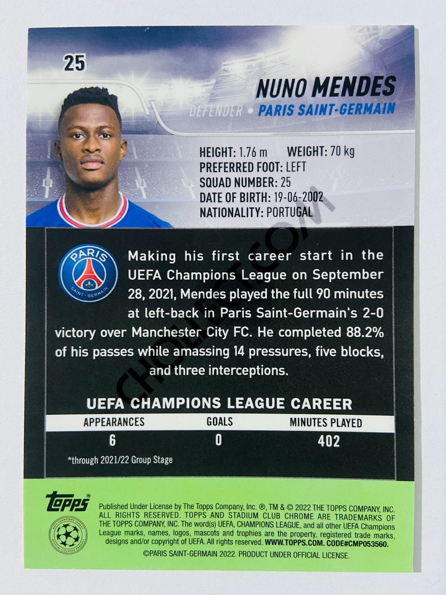 Nuno Mendes - Paris Saint-Germain 2022 Topps Stadium Club Chrome UCL RC Rookie #25