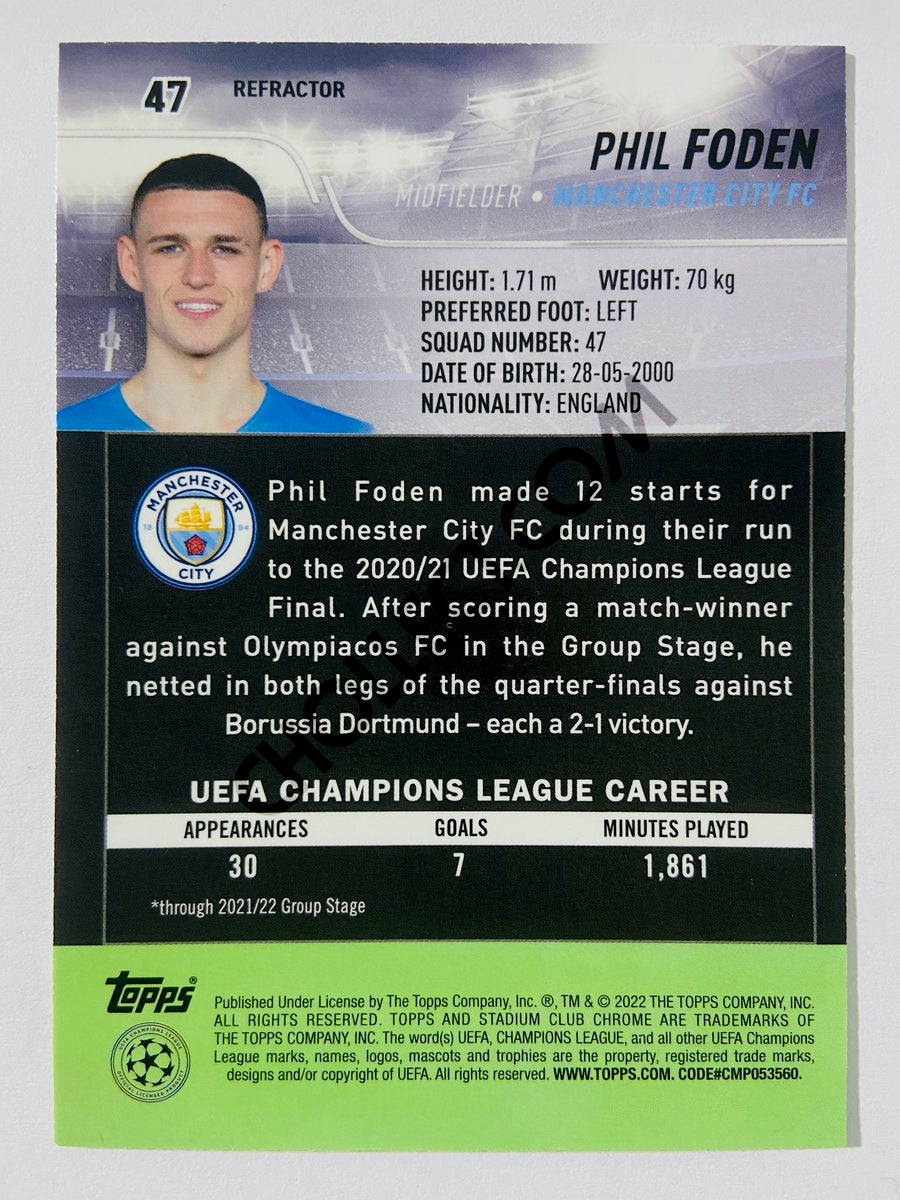 Phil Foden - Manchester City FC 2022 Topps Stadium Club Chrome UCL Refractor #47