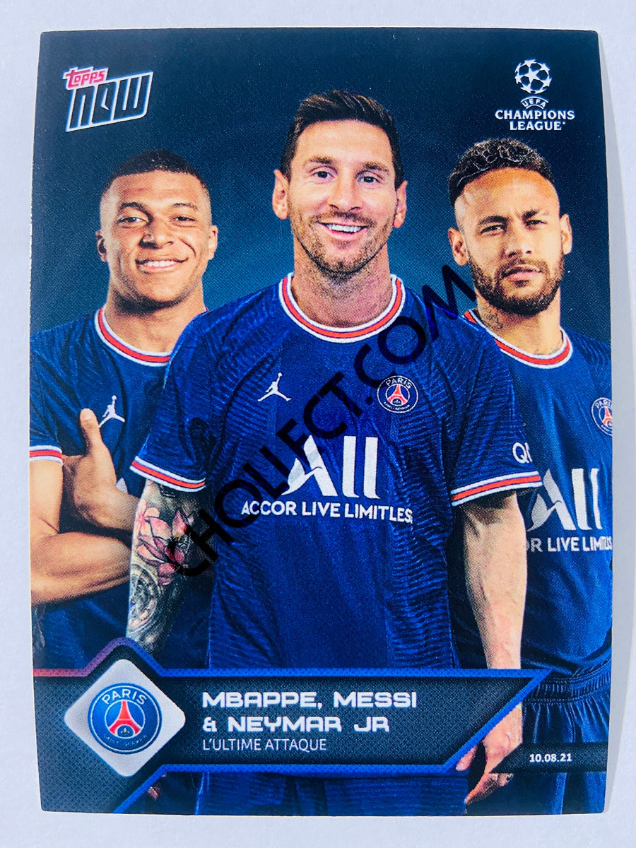 Lionel Messi, Kylian Mbappe & Neymar - Paris Saint-Germain 2021 Topps Now UCL L'Ultime Attaque #13